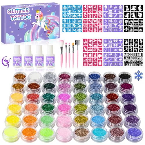 Temporary Glitter Tattoos Kit for Kids,48 Glitter Colors, 178 Stencils,4 Glue,5 Brushes,Adults and Kids Arts Glitter Kit,Wonderful Holiday Gifts for Girls & Boys.