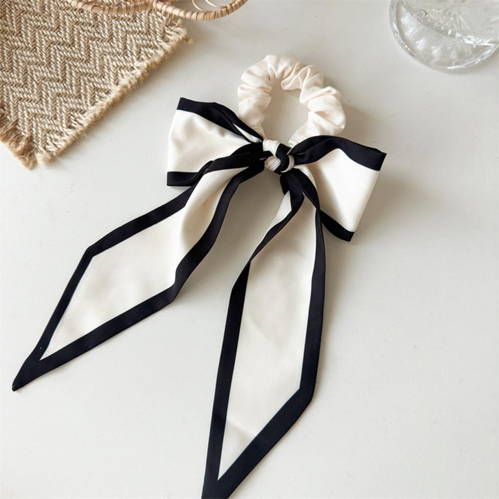 2Pcs Black Beige Chiffon Bow Hair Scrunchies and Short Ribbon Ponytail Holders for Women Girls (black/brown)