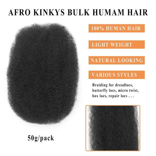 Afro Kinkys Bulk Human Hair,50g,braiding Human hair for Twist, Repaid Locs, Dreadlocks,Afro Kinky Bulk Human hair Extension for black women(20",1pack,black)