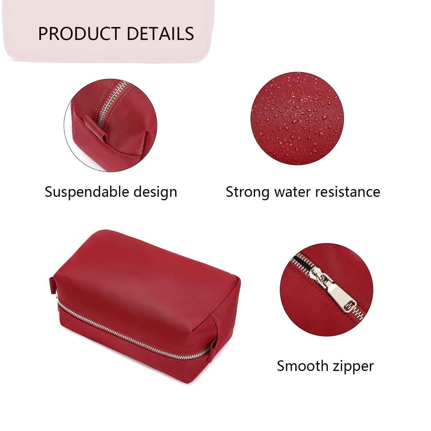 YONBEN Organizer Bag Lightweight Cosmetic Bag with Ring Clasp Perfect Travel Makeup Bag for Women nylon Stand Up Design (Burgundy Red/Nylon)