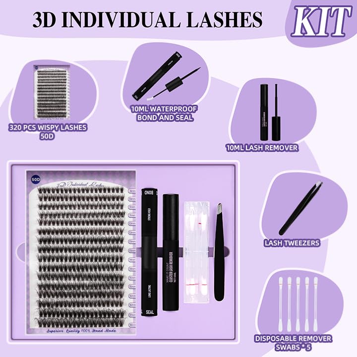 Lash Extensions Kit for Beginners 3D Eyelash Extension Kit 320pcs 50D Lash Clusters Kit 8-18 Mixed Lash Kit Fluffy Individual Lashes Kit with Lash Bond Seal Remover(50D-8-18MIX)