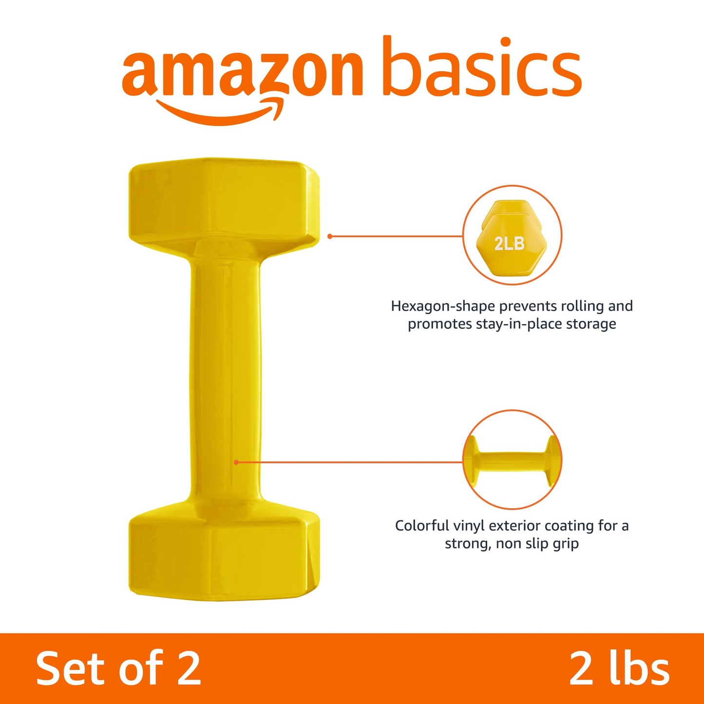 Amazon Basics Vinyl Coated Dumbbell Hand Weights, 2 Pounds, Pair, Yellow