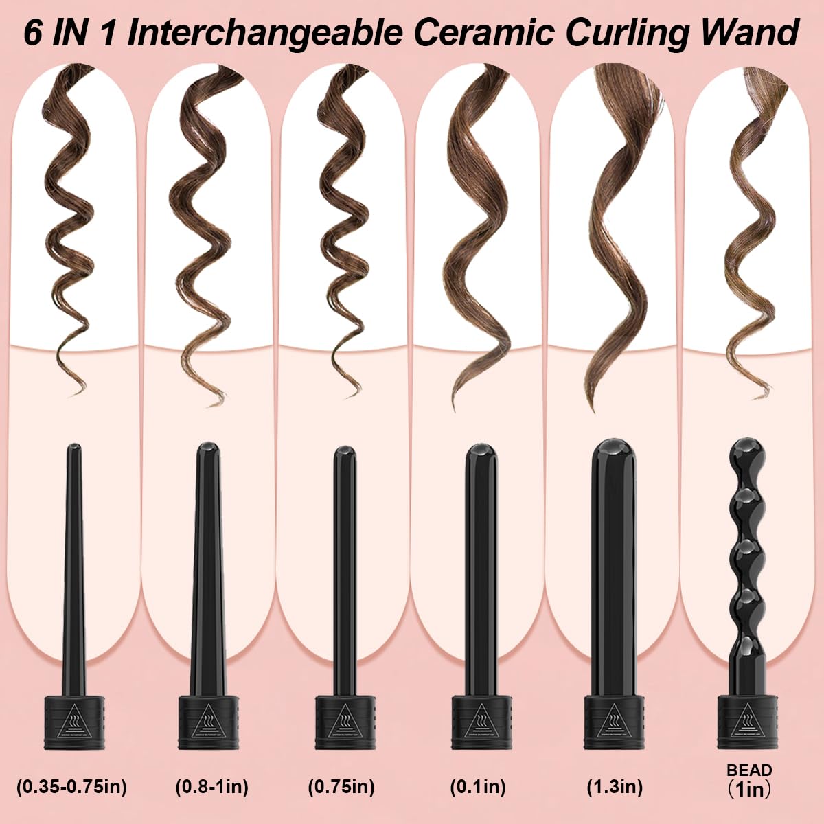 FMFJS 6 in 1 Wand Curling Iron Set, 6 Interchangeable Ceramic Barrel Curling Wands (0.35"-1"), Instant Heat Up(15S), Easy for Beginner with Heat Protective Glove, and 2 Clips