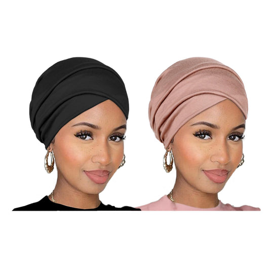 TuTive 2 Pieces Head Wraps for Women Stretch Reversible Turbans Soft Easy Knot Hijab Urban Hair Scarf Fashion Extra Wide Headbands Solid Color Headwear Cap Fashionable Neck Hood（Black,Camel）