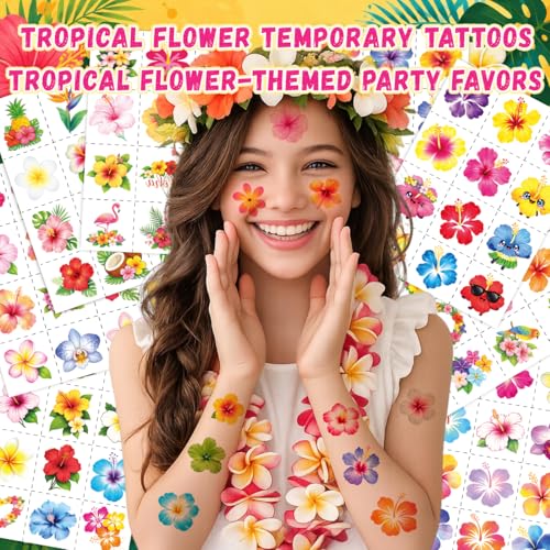 96 Tropical Flower Temporary Tattoos - Hibiscus Hawaiian Party Favors