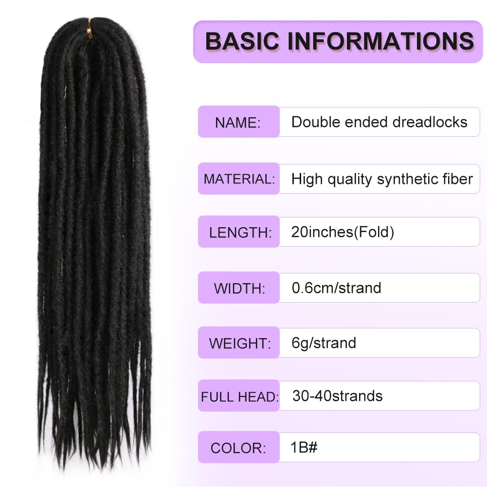 BUFENGSUN Synthetic Double Ended Dreadlock Extensions 20inches 10 Strands Thin Soft DE Dreadlocks Extensions for Women (10 Strands, #1B)