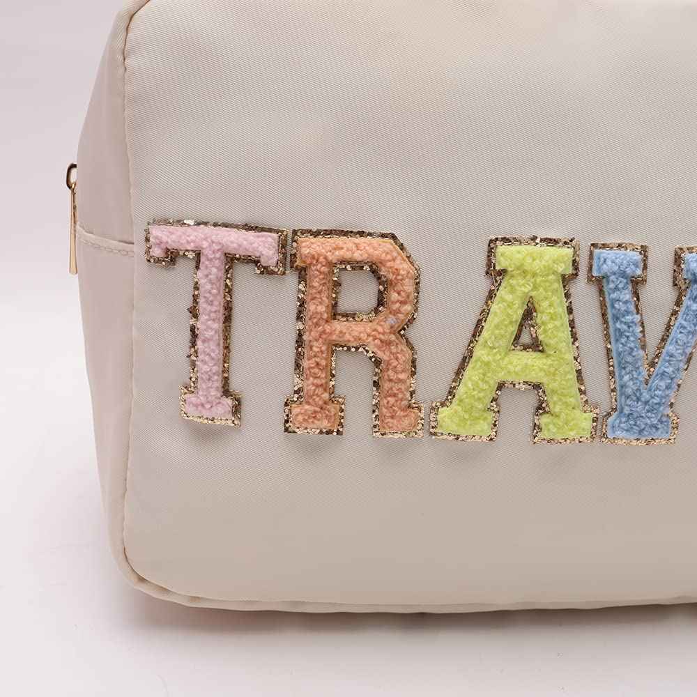 Kaymey Extral Large Cosmetic Bag Makeup Pouch Bag Case Nylon With Chenille Letter Patches (Beige#TRAVEL, XL)