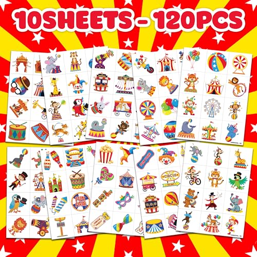 120 PCS Carnival Circus Temporary Tattoos for Kids