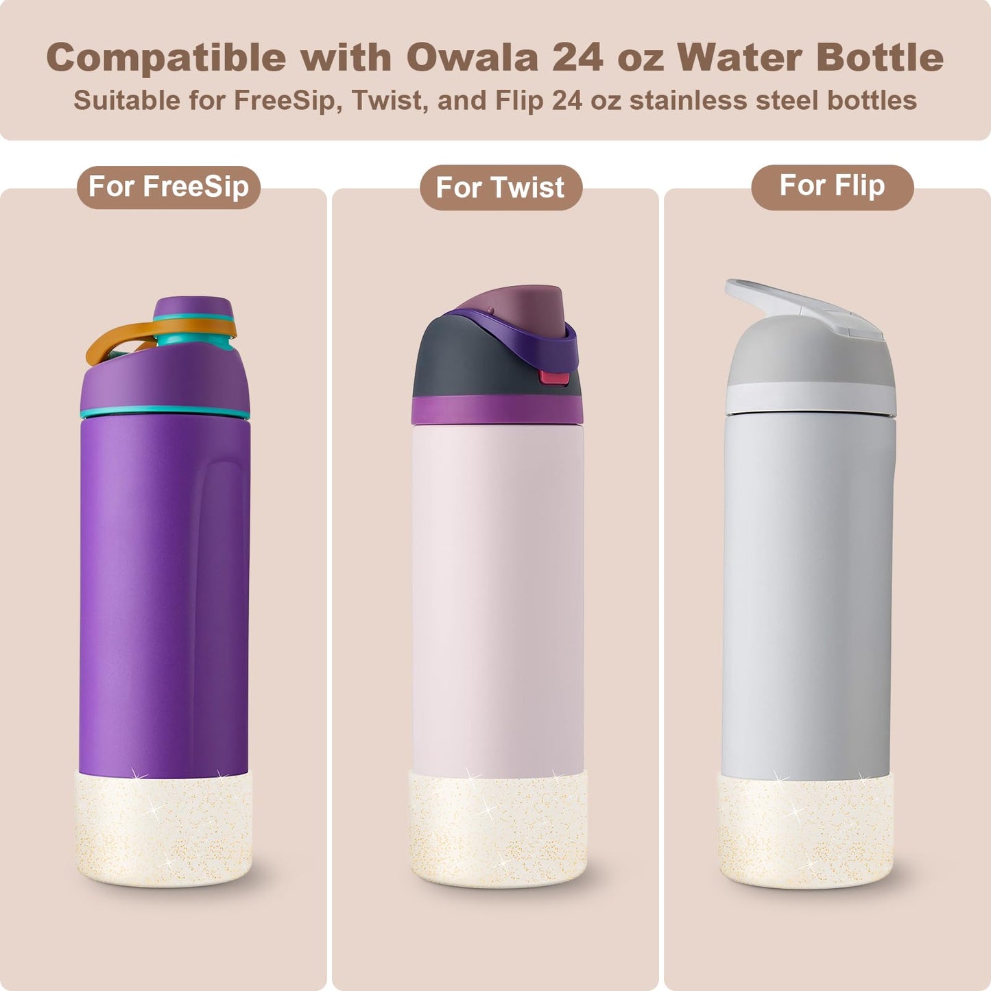 Alwenid 2PCS Silicone Water Bottle Boot for Owala 24oz, Anti-Slip Protective Sleeve Bottom Bumper Protector for FreeSip, Twist, and Flip Stainless Steel Water Bottles