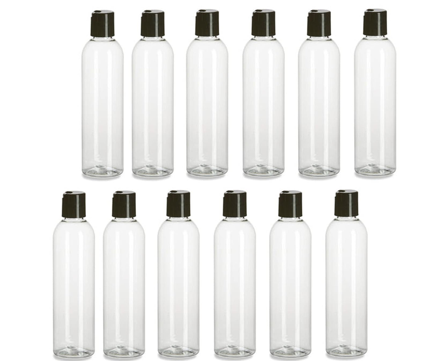 Natural Farms 12 Pack – 8 oz -Clear Cosmo Plastic Bottles – Black Disc Top - for Essential Oils, Perfumes, Cleaning Products