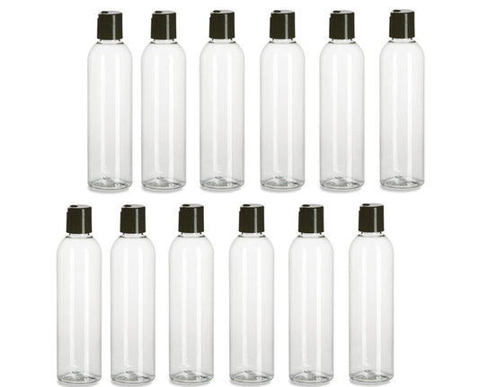 Natural Farms 12 Pack – 8 oz -Clear Cosmo Plastic Bottles – Black Disc Top - for Essential Oils, Perfumes, Cleaning Products