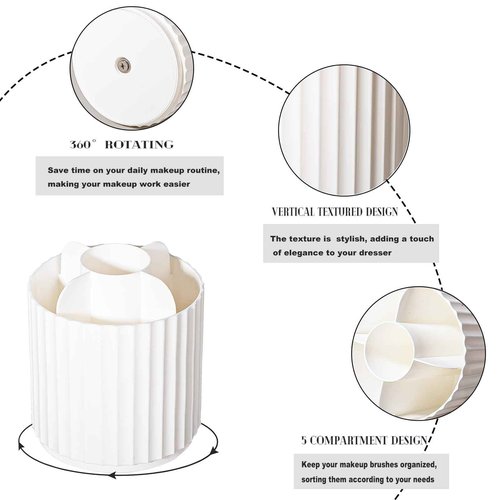 Anyoifax Makeup Brush Holder Organizer 360°Rotating Make Up Brushes Container for Vanity, Spinning Cosmetics Storage Cup, Stripe White