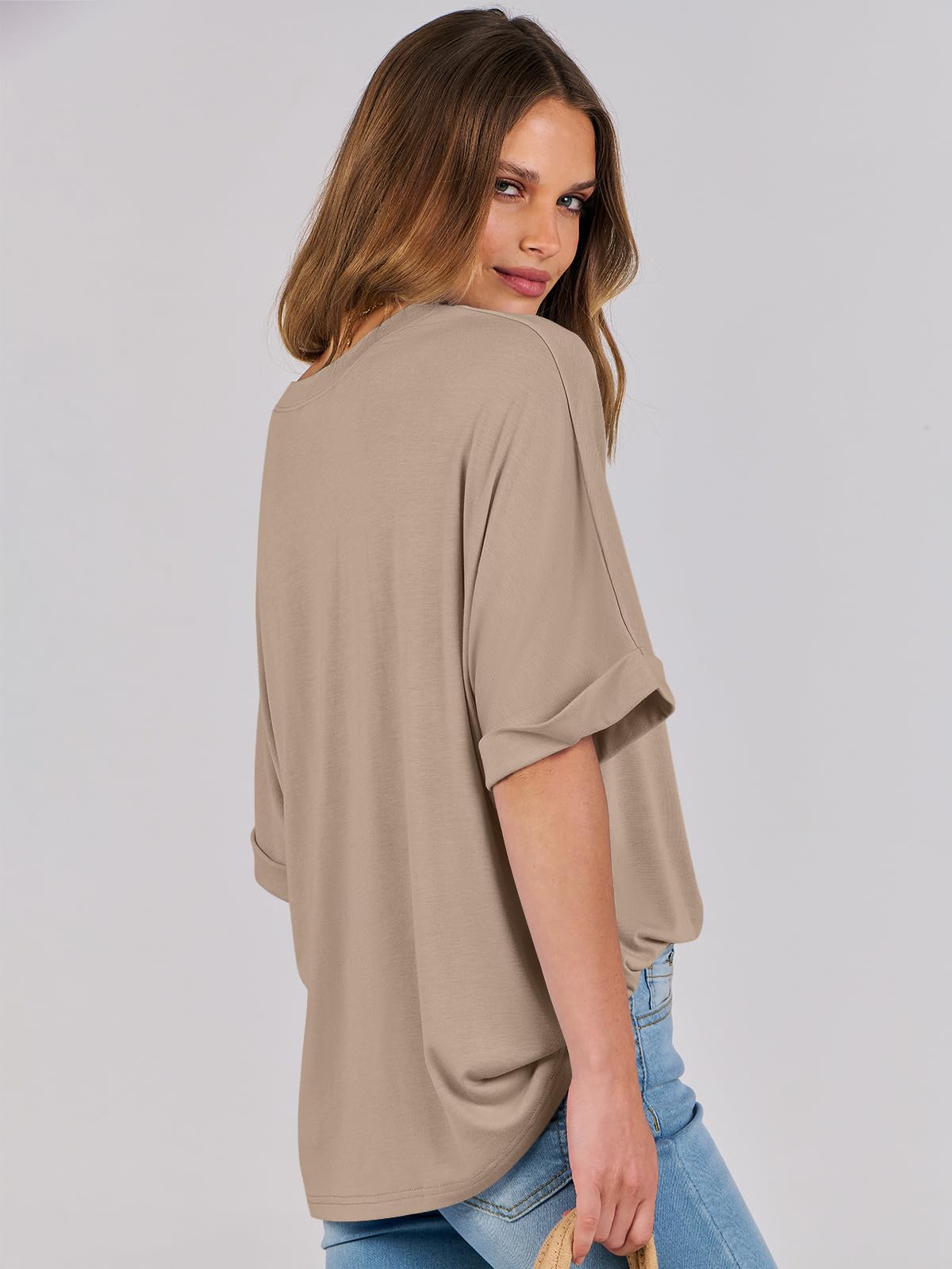 ANRABESS Women's Oversized T Shirts Short Sleeve Crewneck Summer Tops Casual Loose Basic Tee Shirts 2024 Trendy Clothes Khaki Small