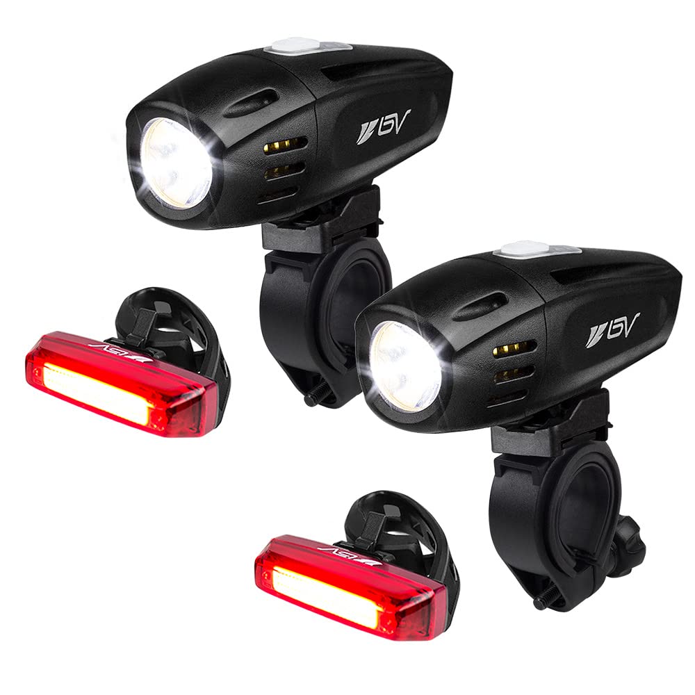 BV Super Bright Bike Light Set USB Rechargeable - Headlight & Taillight, Waterproof IP44 Bicycle Light, 3 Light Modes Including Flash Mode for Safety, Easy to Install and Fits All Bicycles