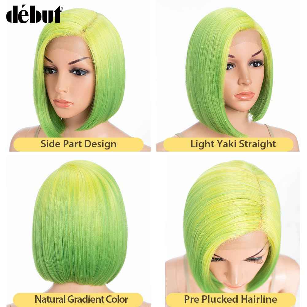 DÉBUT Lace Front Bob Wigs Ombre Neon Green Side Part Lace with Hand-Tied Lace Front Short Bob Synthetic Wig for Women Lemon Green Color