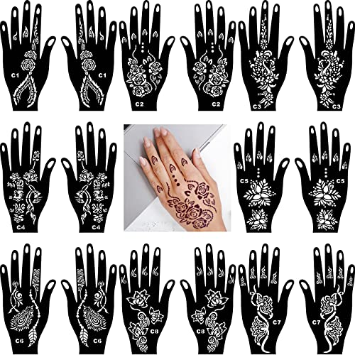 16 Sheets Henna Tattoo Stencils kit,Reusable Hand Stencils for Hand Glitter Airbrush DIY Tattooing Indian Temporary Tattoo Stickers, Gifts