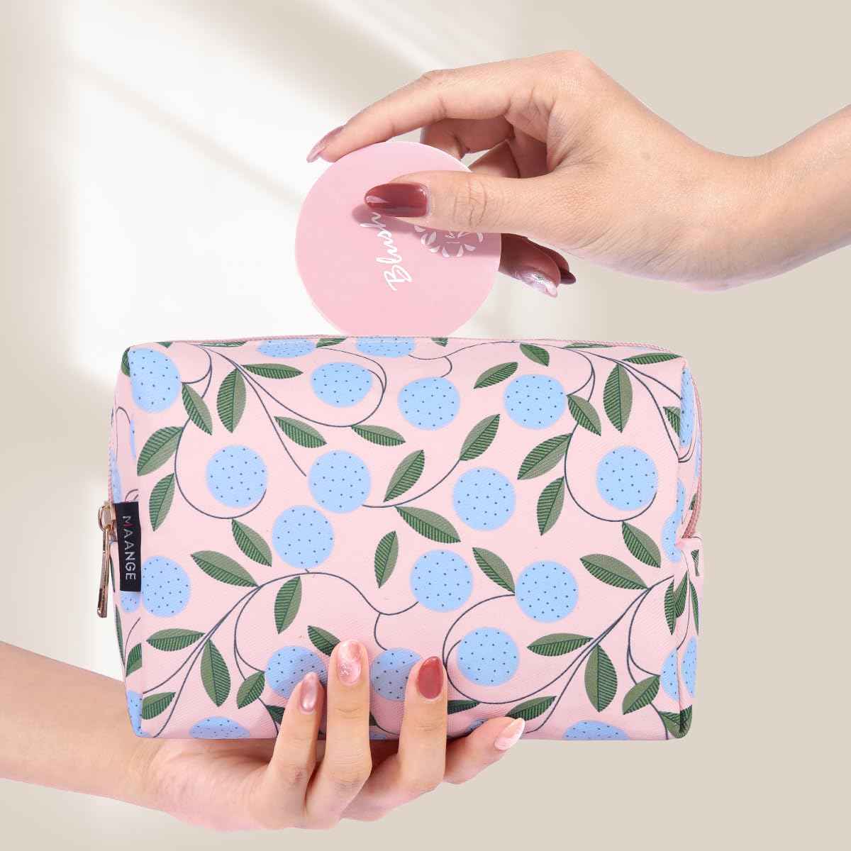MAANGE Small Makeup Bag For Purse, Travel Cosmetic Bag Cute Makeup Pouch Portable Versatile Zipper Pouch For Women Oxford Fabric Preppy Makeup Bag