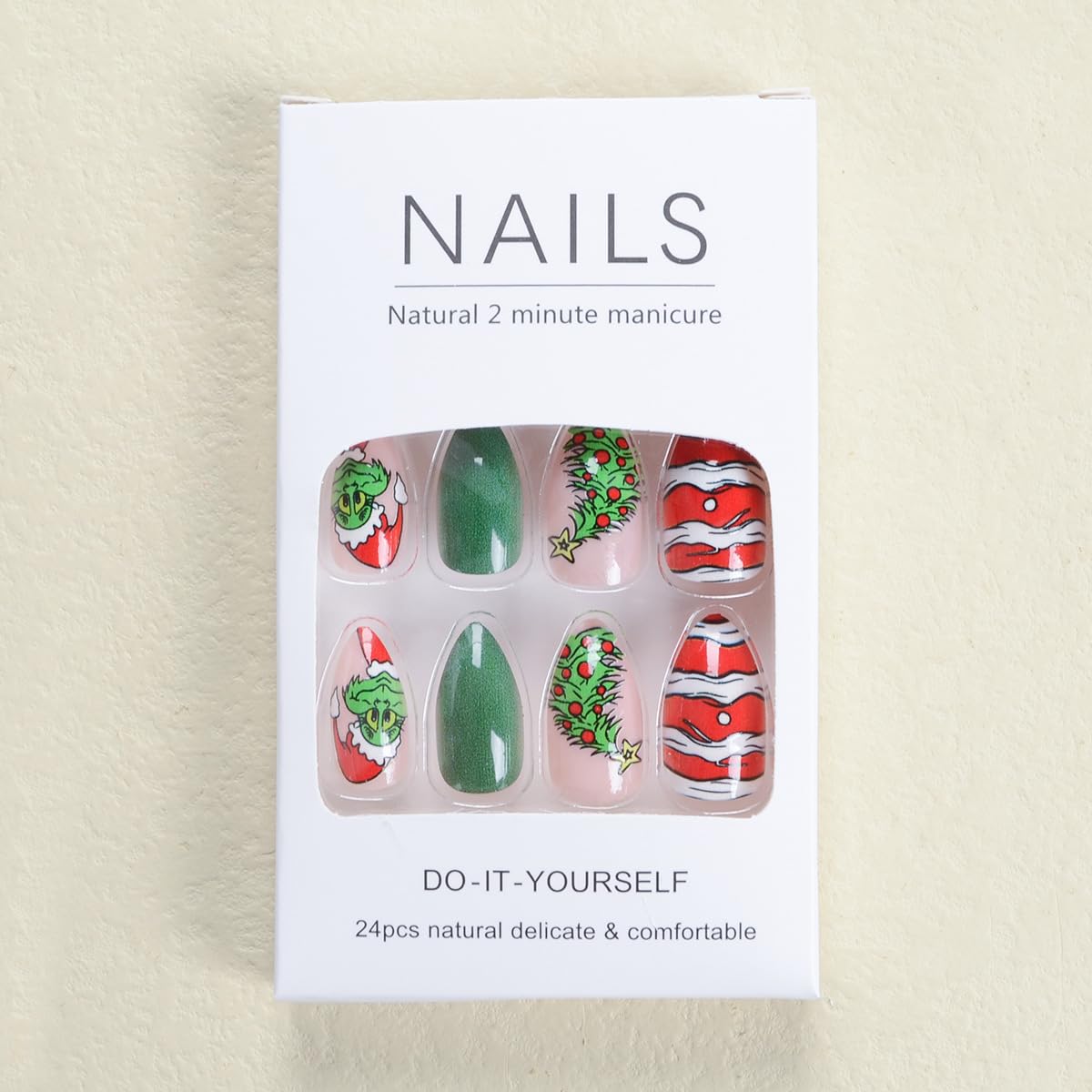 Christmas Press on Nails Short Almond Fake Nails Fun Cartoon Santa Claus Xmas Tree Stick on Nails Acrylic False Nails with Red Ribbon Designs Winter Holiday Artificial Glue on Nails for Women