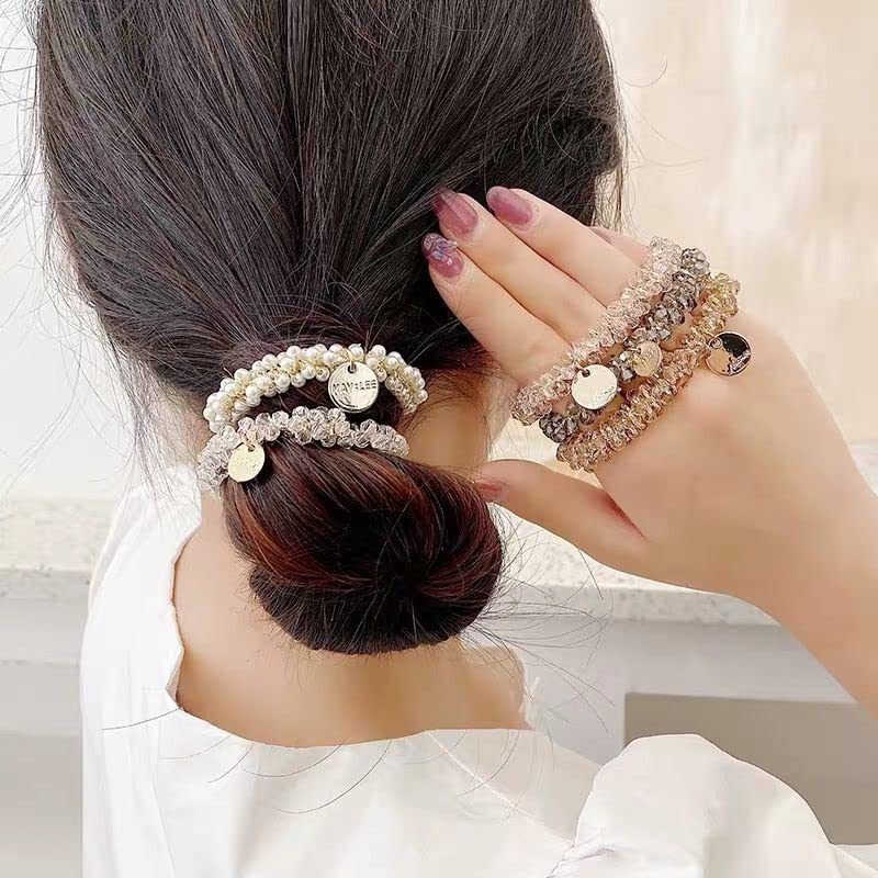 5 Colors Crystal Hair Ties, BetterJonny Elastic Crystal Pearls Hair Rope Ponytail Hair Holders Head Bands Ropes Hair Accessories
