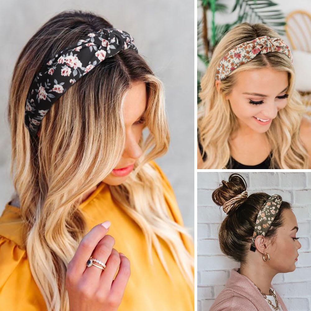 DRESHOW Headbands for Women and Girls Flower Printed Knotted Plastic Head Band Fashion Boho Wide Hairbands Non Slip Hair Accessories 4 Pcs