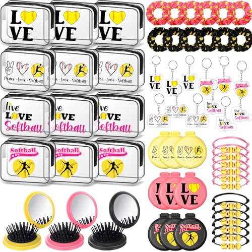 Meanplan 60 Pcs Softball Party Favors Softball Team Gifts for Players with 12 Set Bracelets Keychains Makeup Bag Mini Brush with Mirror Hair Scrunchies for Sport Party Supplies