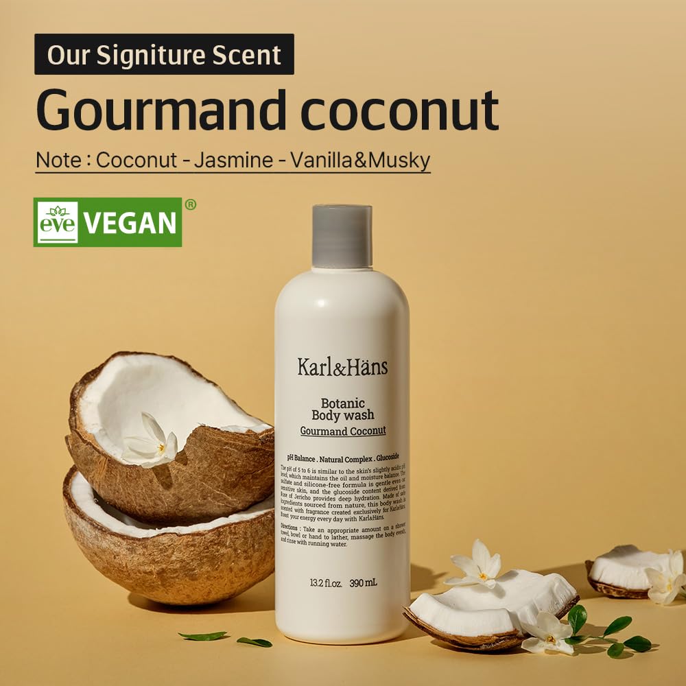 Karl&Hans Botanic Gourmand Coconut Vegan Body Wash - Organic, Natural Shower Gel for Moisturizing and Gentle Cleansing - Sulfate and Silicone Free - 13.2 fl oz