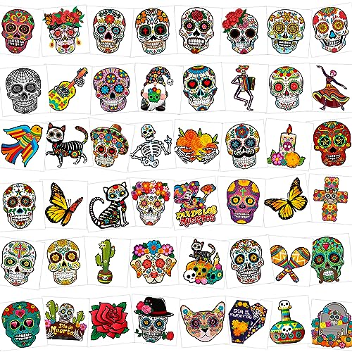 Day of the Dead Temporary Tattoos, 96pcs Sugar Skull Face Stickers
