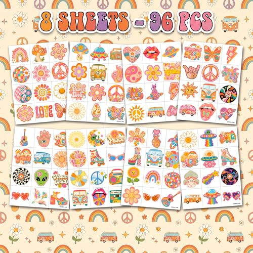 96 PCS Groovy Retro 70s Temporary Tattoos for Kids
