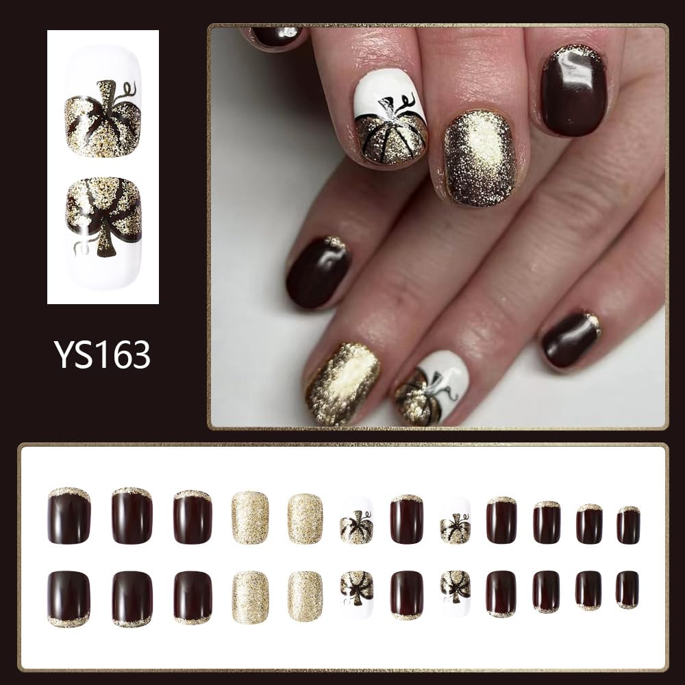 Halloween Press on Nails Short Square Fake Nails, Brown Press on Nails with Gold Glitter Pumpkin Designs Halloween Glue on Nails Full Cover False Nails Halloween Nails for Women 24Pcs