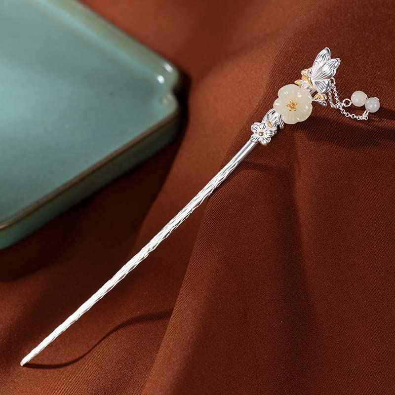 Rabithenn Hotan Jade S925 Silver Hairpin Butterfly with Pearl and Plum Blossom Chinese Hanfu Style Hair Sticks Retro Handmade Hair Clip Hair Accessories for Women Girls Long Hair (Hotan Jade)