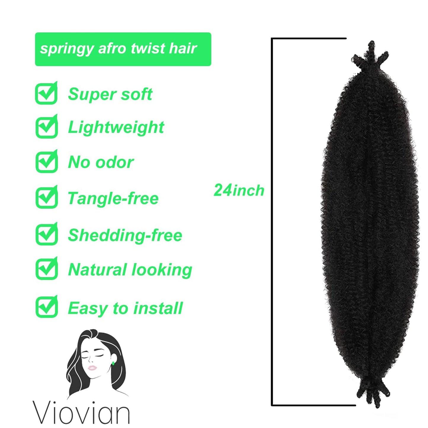 Viovian 8 Packs Springy Afro Twist Hair 24 Inch Kinky Marley Twist Braiding Hair Pre-Separated Springy Twist Hair Wrapping Hair for Soft Locs Hair Extensions for Women (1B#)