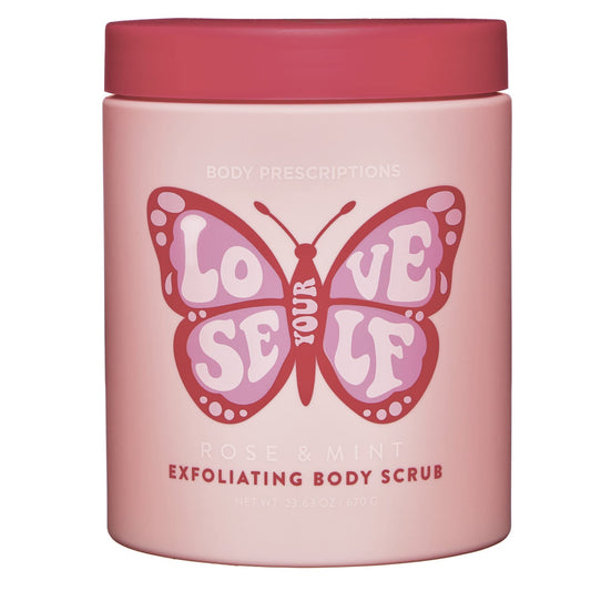 Body Prescriptions Exfoliating Body Scrub |21.16 Oz Body Cleanser Infused with Rose and Mint | Daily Body Wash for Nourished and Ultra Smooth Skin, “Love Your Self”