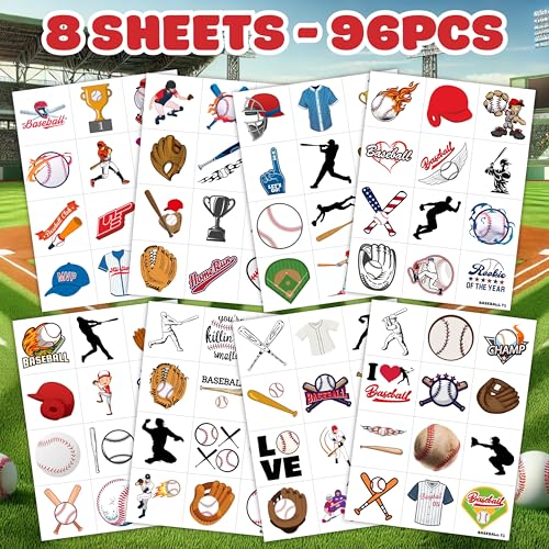 96PCS Baseball Pre-Cut Temporary Tattoos for Kids - Sports Themed Birthday Party Supplies, Fun Stickers for Boys & Girls, Party Favors, School Prizes, Summer Olympic Gifts (Normal)