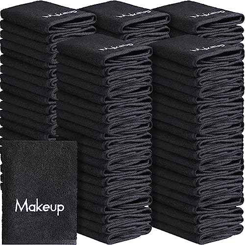 Chumia 100 Pcs Makeup Remover Cloths 13 x 13 Inch Makeup Towel Face Washcloths with Embroidery Black Reusable Washcloths Soft Cleansing Face Towel for Women