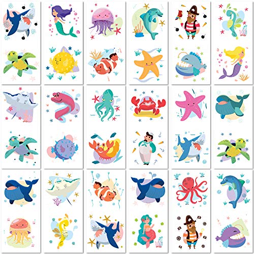 PapaKit 36 Pc Ocean Animals Temporary Tattoos for Kids - 18 Individually Wrapped Sheets | Under The Sea Birthday Party Favors, School Rewards, Goodie Bag Fillers