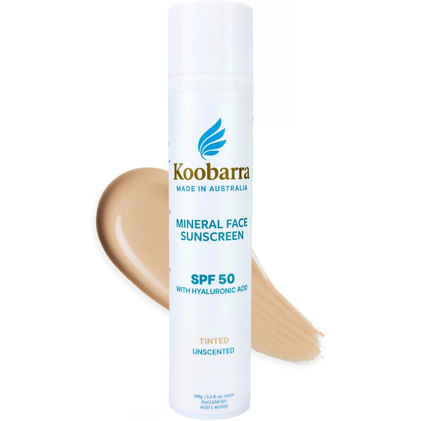 Koobarra Mineral Face Sunscreen SPF 50, Tinted Aussie Zinc Oxide Sunblock with Hydrating Hyaluronic Acid, Reef Safe, Natural, Vegan, Australian Made, 80min Water Resistant, Unscented, 100g 3.4oz