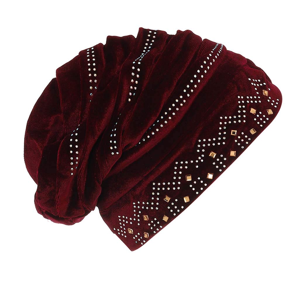 Bohend Vintage Rhinestone Turban Sleep Headwrap Wide Sparkly Sleep Turban Headband Crystal Muslim Hat Headwear Beanie Pre-Tied Bonnet Velvet Hat Cap Hair Wrap for Women and Girls (Wine red)