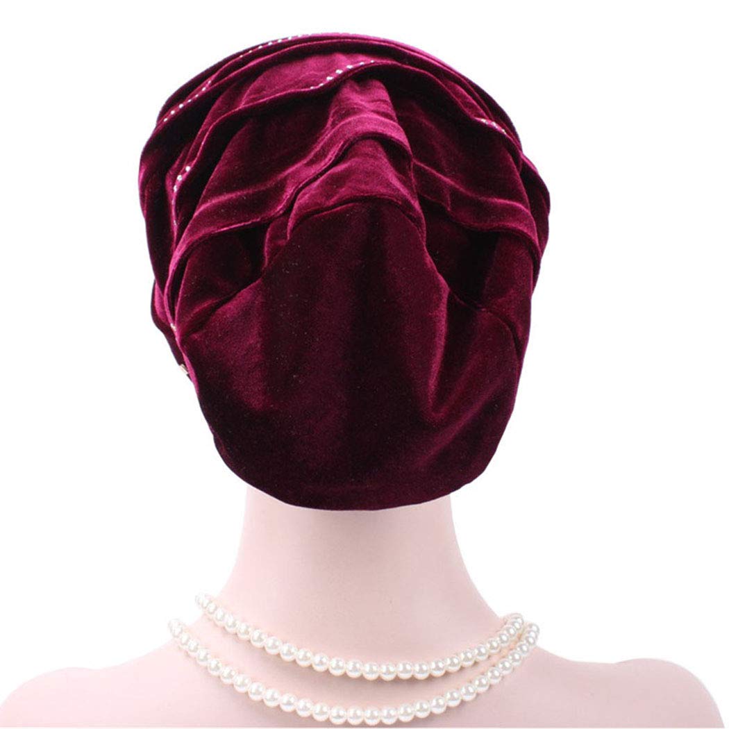 Bohend Vintage Rhinestone Turban Sleep Headwrap Wide Sparkly Sleep Turban Headband Crystal Muslim Hat Headwear Beanie Pre-Tied Bonnet Velvet Hat Cap Hair Wrap for Women and Girls (Wine red)