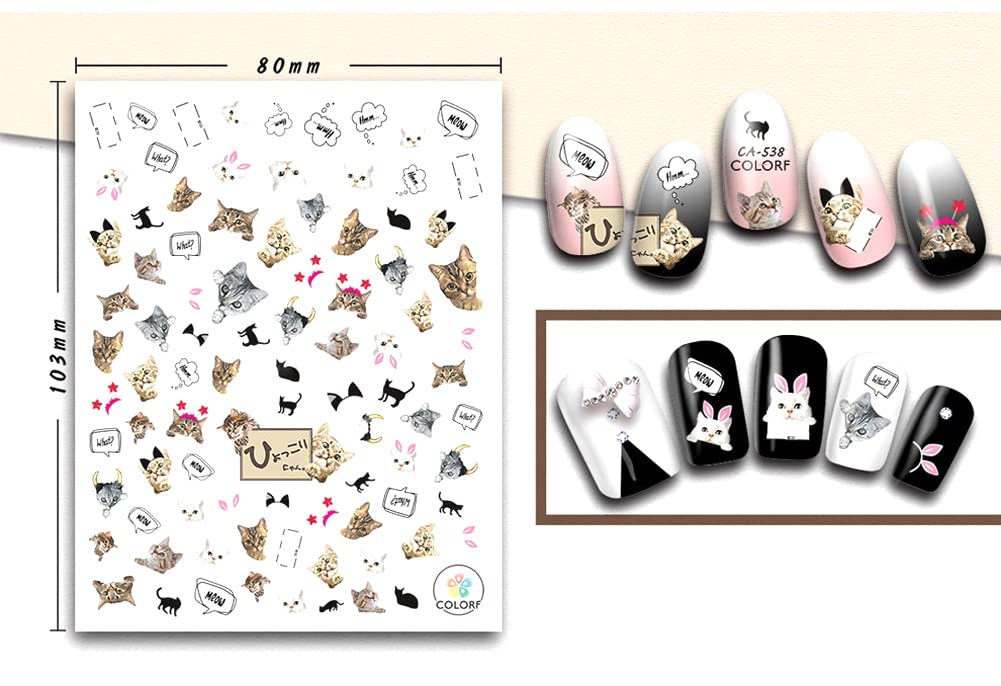 6 Sheets Cute Cat Nail Art Stickers Cartoon Nail Decals 3D Nail Art Supplies Self-Adhesive Cat Cartoon Designer Nail Stickers Manicure Tips Acrylic Nails Decoration Accessories for Women Kids Girls