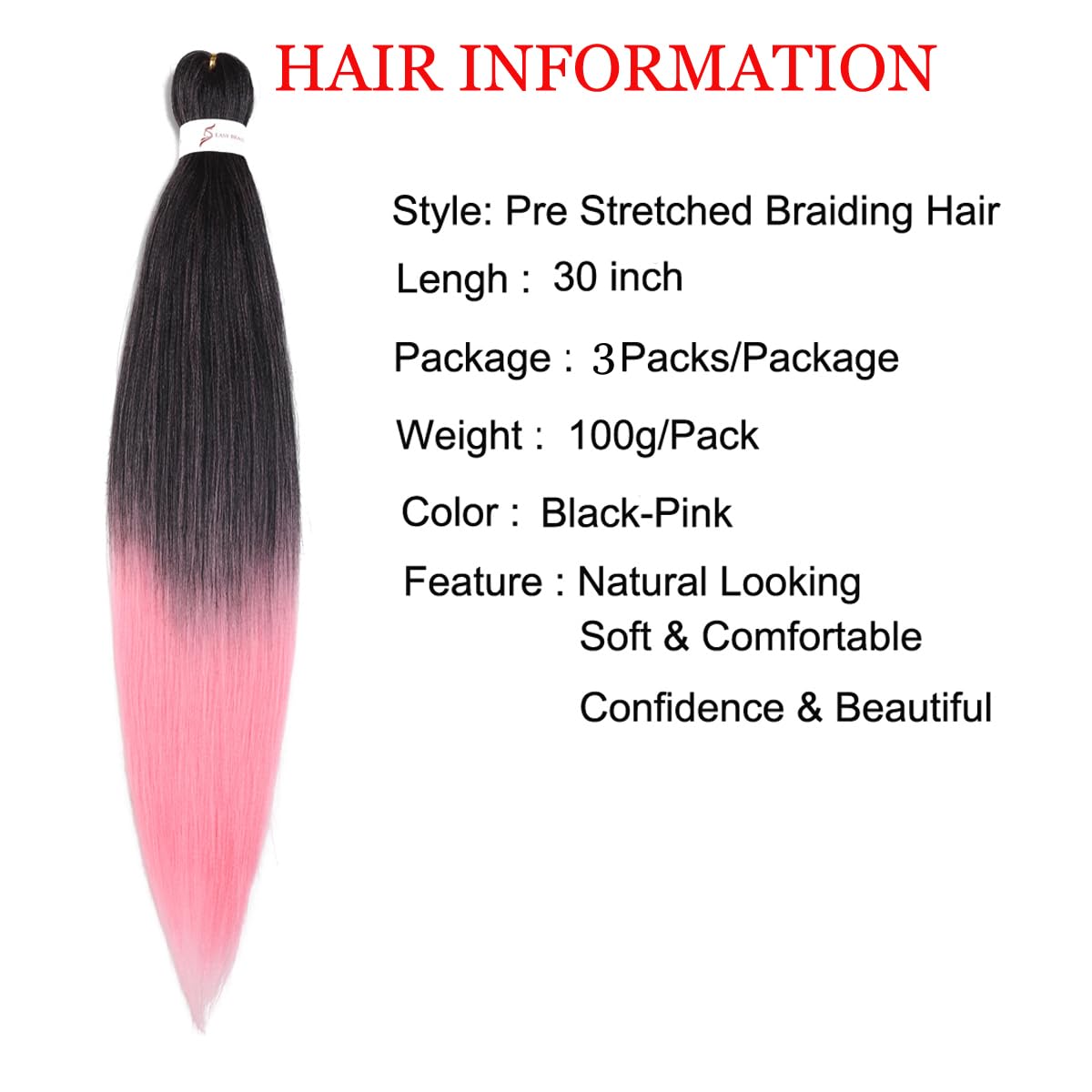 Pre Stretched Braiding Hair Professional Crochet Braid Hair 30 Inch 3 Packs Soft Synthetic Braiding Hair Extensions for Twist Senegalese Crochet Hair(30",1B/Pink)