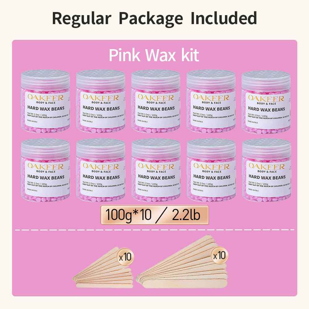 OAKEER Wax Beads 10 Jar (2.2lb) Hair Removal Kit with 20 Wood Sticks, Natural Ingredients for Bikini, Face, Eyebrow, Back, Chest, Legs, Armpit