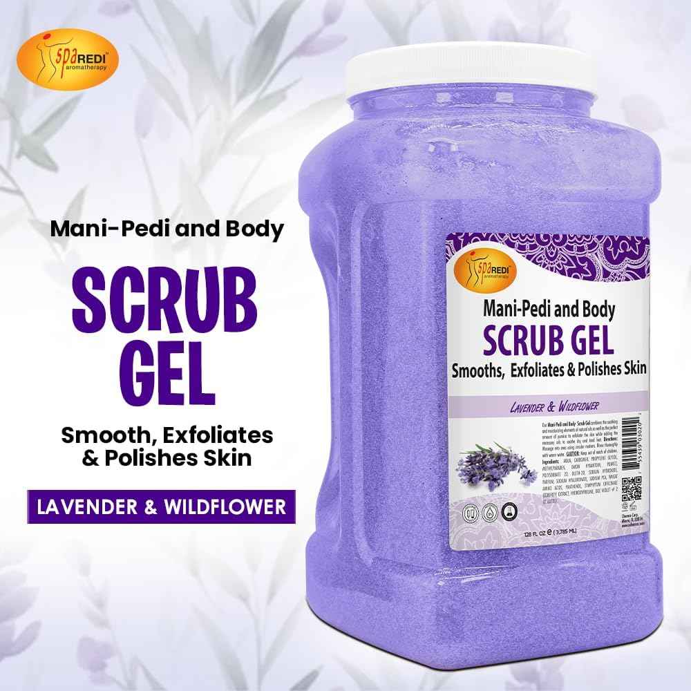 SPA REDI - Exfoliating Scrub Pumice Gel, Lavender and Wildflower, 128 Oz - Manicure, Pedicure and Body Exfoliator Infused with Hyaluronic Acid, Amino Acids, Panthenol and Comfrey Extract