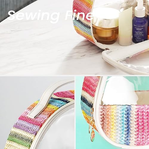 Large Clear Cosmetic Bag with Handle for Women, Zipper Close Makeup Bag, Straw Travel Bag - Rainbow Color Toiletry Bag