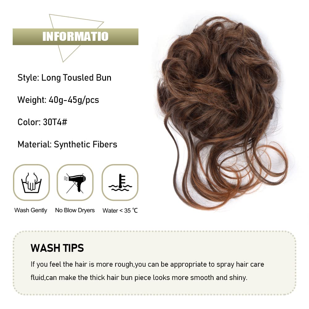 KGBFASS Bwown Messy Bun Hair Piece Long Tousled Updo Hair Buns Curly Wavy Hairpieces Hair Scrunchies with Elastic Hair Band for Women Girls(30T4#)