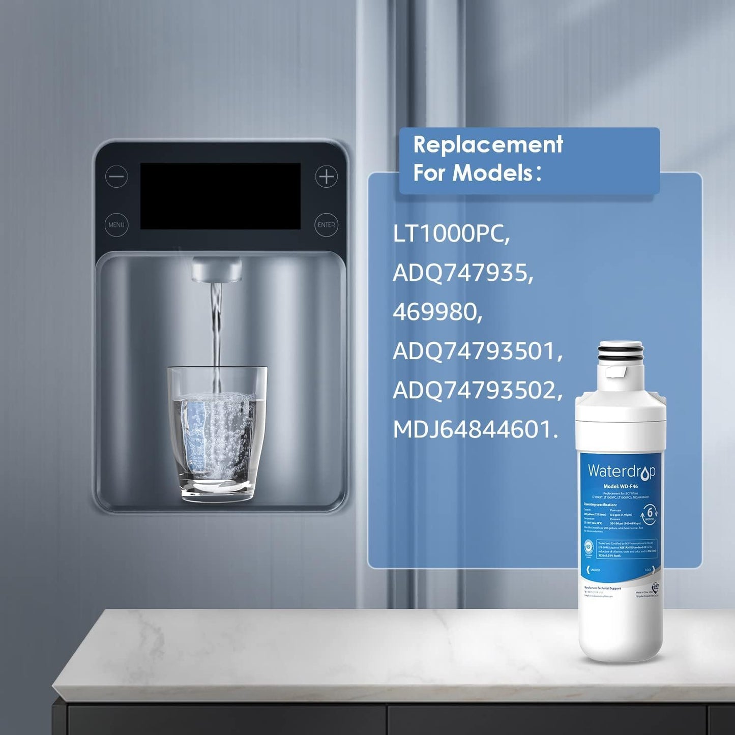 Waterdrop LT1000PC ADQ747935 Refrigerator Water Filter and Air Filter, Replacement for LG® LT1000P®, LMXS28626S, LFXS26973S, LFXS26596S, LFXS28596S, ADQ74793501, ADQ74793502 and LT120F®, 4 Combo