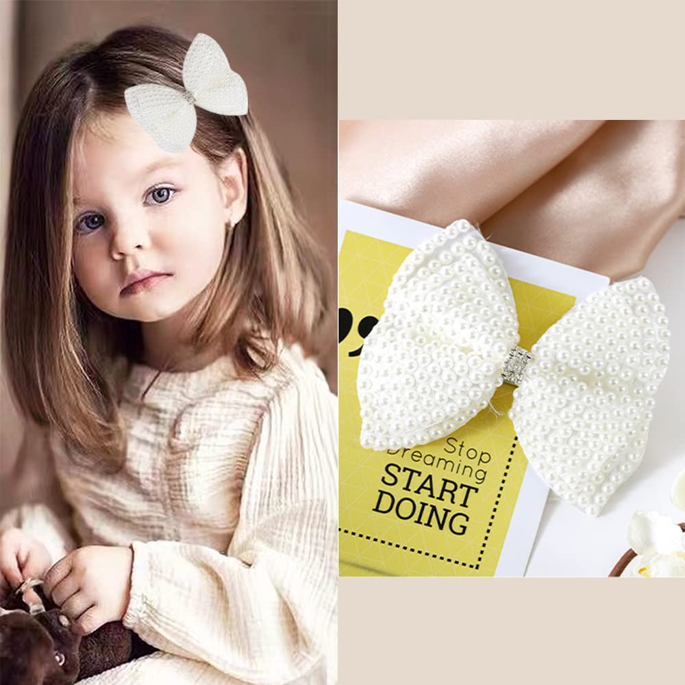 2Pcs Rhinestone Pearl Hair Bows for Toddler Kids Girls, White Double Layer Butterfly Floral Hair Bow Clip Hairpin Wedding Accessories for Women Girls Baby New Year Xmas Gifts (Bowknot)