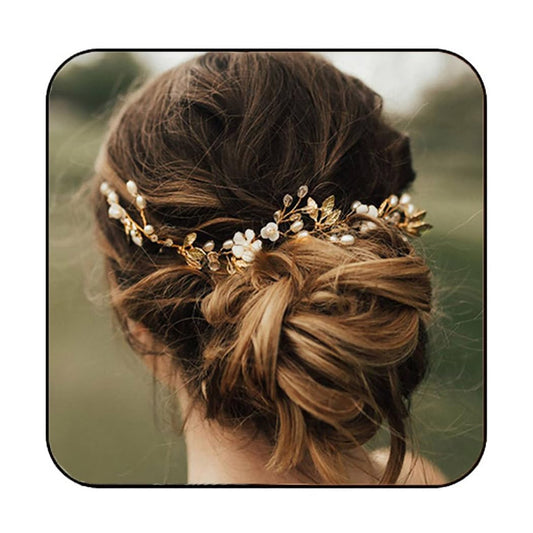 JONKY Pearl Leaf Flower Crystal Bridal Hair Vine, Headbands and Hair Accessories for Women (Gold)