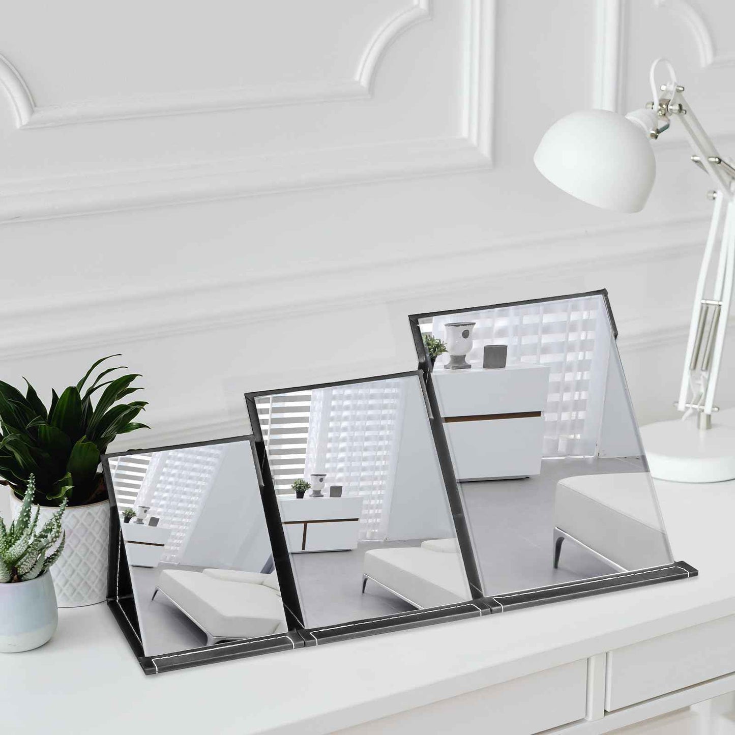 Yatnks 7x10 Inches Makeup Mirror, Portable PU Leather Folding Desktop Vanity Mirror with Adjustable Stand for Vanity Table, Office, Travel (L, Black)