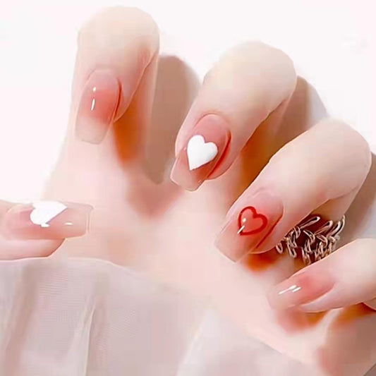 Cute Heart Press on Nails Medium Coffin Fake Nails with Valentines Designs Heart Ombre Love Full Cover Acrylic Nude False Nails Square Glue on Nails for Women and Girls Date Night 24Pcs