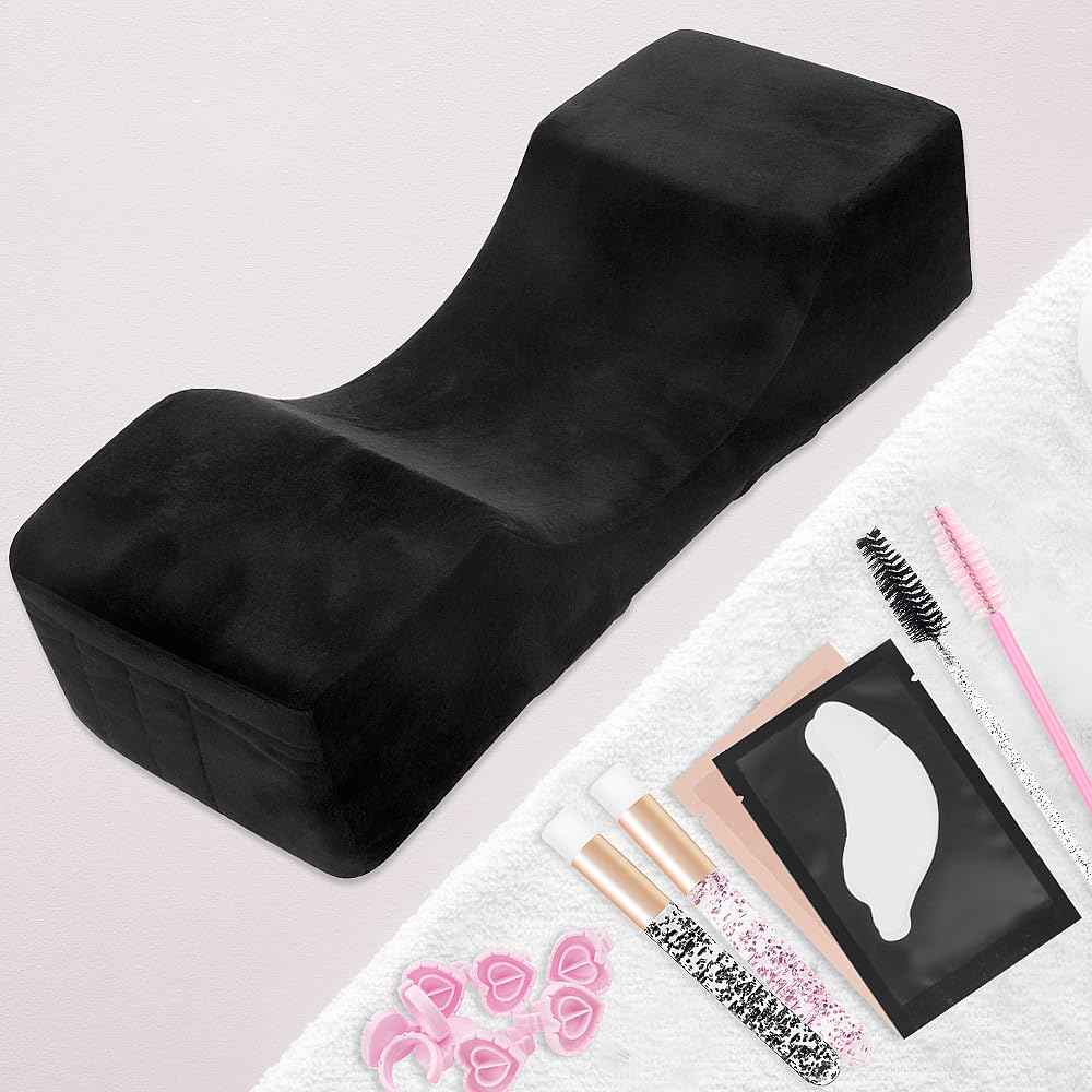 Eyelash Extension Neck Pillow - Beauty Salon Comfortable Velvet Beauty Memory Foam Pillow,Eyelash Pillow Grafted Eyelash Curve Pillow with Makeup Pocket to Protect Neck（2pack Black）
